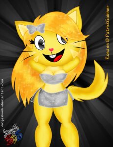 Rating: Safe Score: 0 Tags: abstract_background angelina_onyx anthro blonde_hair bottomwear breasts clothed clothing deity domestic_cat e621 felid feline felis female fully_clothed hair hands_behind_head happy_tree_friends jorgeskunk looking_at_viewer mammal navel open_mouth simple_background skirt smile solo tail whiskers User: bunchy7s