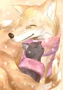 Rating: Safe Score: 0 Tags: alternate_species black_body black_fur canid canine chen_(touhou) domestic_cat duo e621 eyes_closed felid feline felis female feral fox fur furrification happy hi_res inner_ear_fluff mammal multi_tail nekoarashi orange_body orange_fur ran_yakumo scar scarf sharing_clothing sharing_scarf snow snowing tail touhou tuft whiskers User: bunchy7s