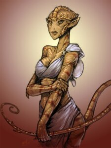 Rating: Safe Score: 0 Tags: 3:4 alien breasts brown_body brown_scales clothing e621 female lips looking_at_viewer midriff non-mammal_breasts reptile scales scalie solo standing sword_of_the_stars tail tarka unknown_artist User: bunchy7s