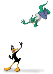 Rating: Safe Score: 0 Tags: 2011 anatid anseriform anthro avian bird clothed clothing daffy_duck duck duo e621 feathers green_body lizard looney_tunes male pounce reptile scalie simple_background stripes tail toki_(character) tongue trashdogeking warner_brothers white_background User: bunchy7s