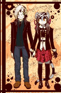 Rating: Safe Score: 0 Tags: abstract_background alternative_fashion anthro belt bottomwear canid canine canis clothed clothing digital_media_(artwork) domestic_dog duo e621 eye_contact eyewear female glasses hand_holding haplorhine hi_res interspecies legwear looking_at_another male male/female mammal monkey oekaki pinkyfreak primate romantic romantic_couple skirt stockings unknown_species User: bunchy7s