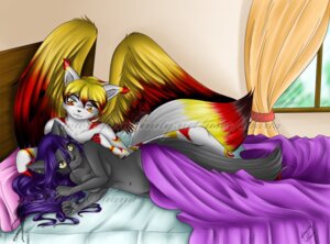 Rating: Questionable Score: 0 Tags: anthro bed canid canine detailed_background duo e621 eye_contact feathered_wings feathers female fox furniture hair kindel looking_at_another male mammal nude piercing purple_hair rika-wolf romantic romantic_couple shana tail watermark wings User: bunchy7s