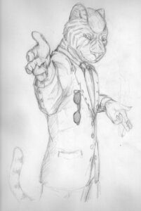 Rating: Safe Score: 0 Tags: 5_fingers accessory anthro cigarette claws clothed clothing coat e621 eyewear felid finger_gun fingers fully_clothed gesture glasses grentain greyscale hand_gesture holding_object hooked_eyewear looking_aside looking_at_viewer male mammal monochrome necktie pantherine raised_tail sketch smoke smoking solo stripes suit tail tiger topwear User: bunchy7s