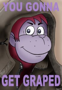 Rating: Questionable Score: 0 Tags: 2009 anthro ape bust_portrait clothed clothing e621 english_text grape_ape hanna-barbera haplorhine looking_at_viewer male mammal portrait primate shep smile solo text the_great_grape_ape_show User: bunchy7s