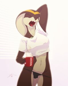 Rating: Questionable Score: 0 Tags: 2011 anthro big_breasts breasts clothed clothing cobra coffee_mug container cup e621 elapid_(snake) eyes_closed fangs female hi_res holding_container holding_cup holding_object jewelry king_cobra midriff navel necklace nescafe non-mammal_breasts open_mouth panties product_placement reptile scalie shandi skimpy snake solo spotty_the_cheetah teeth underwear yawn User: bunchy7s
