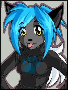 Rating: Safe Score: 0 Tags: 2007 3:4 aliasing anthro black_body black_border black_fur black_nose blue_hair border clothed clothing digital_media_(artwork) domestic_cat e621 felid feline felis female footprint fur grey_background grey_body grey_fur hair long_hair low_res mammal multicolored_hair oekaki pawprint simple_background sobegrrl solo sweater tongue tongue_out topwear white_hair yellow_eyes User: bunchy7s