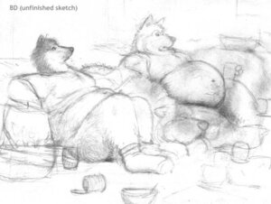 Rating: Questionable Score: 0 Tags: anthro bd belly bottomless canid canine canis clothed clothing domestic_dog e621 group male male/male mammal monochrome navel nude obese overweight sketch User: bunchy7s