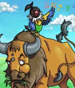 Rating: Safe Score: 0 Tags: ambiguous_gender avian beak bird bovid bovine braindeadmareep chatot cloud duo e621 eating feathers feral generation_1_pokemon generation_4_pokemon grass low_res mammal musical_note musical_symbol nintendo plant pokemon pokemon_(species) quadruped size_difference symbol tail tauros unimpressed User: bunchy7s