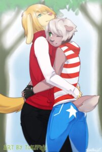 Rating: Safe Score: 0 Tags: anthro blue_eyes canid canine canis clothed clothing deer domestic_dog duo e621 green_eyes hug male mammal tail text tokifuji User: bunchy7s