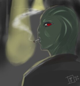 Rating: Safe Score: 0 Tags: alien alien_humanoid clothing dreadlocks e621 female green_body green_skin humanoid jacket looking_at_viewer low_res noir not_furry red_eyes smoking solidshift_vi solo tomboy topwear User: bunchy7s