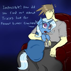 Rating: Safe Score: 0 Tags: 1:1 arrogant bedding blanket blue_body blue_fur chair clothed clothing cracker dialogue duo e621 english_text equid equine faceless female feral food friendship_is_magic frown fur furniture hair hasbro horn human ichibangravity long_hair male mammal multicolored_hair my_little_pony mythological_creature mythological_equine mythology open_mouth peanut_butter purple_eyes shirt sitting snack text tongue topwear trixie_(mlp) two_tone_hair unicorn User: bunchy7s