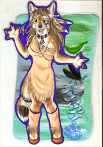 Rating: Safe Score: 0 Tags: 2010 accessory anthro biped border braided_hair brown_body brown_fur canid canine canis character_badge_(artwork) claws clothed clothing collar colored e621 feathers female fur furgonomics gesture hair iko inner_ear_fluff jyaki mammal native outside smile solo standing tail tail_accessory tailband traditional_media_(artwork) tribal tuft waving wolf yellow_eyes User: bunchy7s