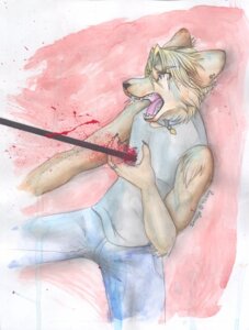 Rating: Explicit Score: 0 Tags: anthro athletic athletic_anthro athletic_male black_nose blonde_hair blood blue_bottomwear blue_clothing blue_pants bodily_fluids bottomwear canid canine canis clothing collar collar_tag domestic_dog e621 ear_piercing front_view gore hair male mammal melee_weapon open_mouth pants piercing polearm snout solo spear spread_legs spreading tassy_(artist) tongue violence weapon white_sleeveless_shirt User: bunchy7s