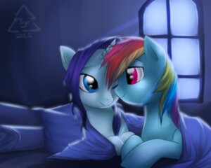 Rating: Safe Score: 0 Tags: 2012 5:4 bed_covers bedding blanket blue_body blue_eyes blue_fur detailed_background duo e621 equid equine eye_contact female female/female feral friendship_is_magic fur hair hasbro horn horse light long_hair looking_at_another mammal melancholysanctuary moonlight multicolored_hair my_little_pony mythological_creature mythological_equine mythology pony purple_eyes purple_hair rainbow_dash_(mlp) rainbow_hair rarity_(mlp) romantic romantic_couple smile unicorn window User: bunchy7s