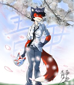 Rating: Safe Score: 0 Tags: accessory animal_mask anthro artwolfe canid canine cherry_blossom clothing e621 female flower fox fox_mask mammal mask necktie plant prunus_(flower) shirt shizuka solo tail topwear User: bunchy7s