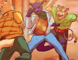 Rating: Safe Score: 0 Tags: 2012 anthro belt canid canine chain clothed clothing digital_media_(artwork) e621 ear_piercing eyewear felid fight fur group male mammal meesh monolith_(opeoaslam) open_mouth pantherine piercing purple_body purple_fur sunglasses tail tiger User: bunchy7s