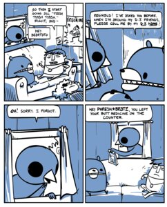 Rating: Safe Score: 0 Tags: 2009 ambiguous_gender anthro avian beak bear beartato bird butt comic dialogue e621 english_text human humor male mammal nedroid reginald_(nedroid) speech_bubble text what User: bunchy7s