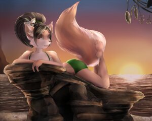 Rating: Questionable Score: 0 Tags: 5:4 accessory anthro beach brown_hair butt canid canine clothing coffinberry detailed_background e621 female flower flower_in_hair fox green_eyes hair hair_accessory mammal ninu_kenage outside plant sand seaside sky solo sunset swimwear tail water User: bunchy7s