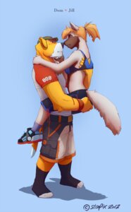 Rating: Safe Score: 0 Tags: 2012 5_fingers anthro baseball_cap black_nose blonde_hair blue_background blue_eyes bottomwear brown_hair canid canine canis carrying_another clothed clothing crop_top dipstick_tail dom_(stoopix) domestic_dog duo e621 english_text eye_contact female fingers fluffy fluffy_tail footwear fully_clothed hair hand_to_face hand_under_clothing hat headgear headwear hi_res hug jill_(stoopix) legwear looking_at_another love male male/female mammal markings multicolored_body nose_to_nose piggyfront ponytail red_eyes shirt shoes short_hair shorts side_view simple_background sneakers socks standing stoopix t-shirt tail tail_markings text tomboy topwear yellow_body User: bunchy7s