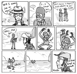 Rating: Safe Score: 0 Tags: clothing comic dialogue duo e621 english_text greyscale hat headgear headwear human humor male mammal monochrome not_furry outside sea seaside slouch_hat sniper_(team_fortress_2) spy_(team_fortress_2) spycrab sunset team_fortress_2 text unknown_artist valve valve_corporation water User: bunchy7s