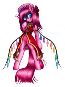 Rating: Safe Score: 0 Tags: 2012 3:4 alternative_fashion asian_clothing blue_eyes bonnet clothing colored_pencil_(artwork) cosplay cosplay_lolita creepy crossover crossover_cosplay e621 earth_pony east_asian_clothing equid equine female feral flandre_scarlet friendship_is_magic fur hair hasbro headgear headwear hi_res horse j-fashion japanese_clothing lavosvsbahamut lolita_(fashion) long_hair looking_at_viewer mammal my_little_pony pink_body pink_fur pink_hair pinkamena_(mlp) pinkie_pie_(mlp) pony ponytail side_ponytail simple_background smile solo tail touhou traditional_media_(artwork) white_background wings User: bunchy7s