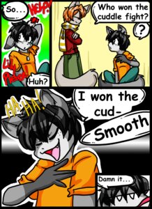 Rating: Safe Score: 0 Tags: anthro black_hair canid canine canis clothing comic cuddle_fight darkfoxsoldier digital_media_(artwork) dog_tags domestic_dog duo e621 felid fluffy fluffy_tail free_to_a_good_home_(webcomic) hair humor kai_volikov male mammal tail wolf xizana zeno User: bunchy7s