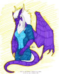 Rating: Questionable Score: 0 Tags: 2009 anthro artist_name breasts bulge clothed clothing copyright_symbol do_not_distribute dragon e621 ear_piercing ear_ring female hair horn jewelry majora marker_(artwork) membrane_(anatomy) membranous_wings minora mythological_creature mythological_scalie mythology non-mammal_breasts piercing purple_body purple_scales ring_piercing scales scalie skreebat solo symbol tail text traditional_media_(artwork) white_hair wings year User: bunchy7s