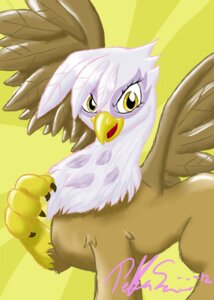 Rating: Safe Score: 0 Tags: 2012 avian beak brown_body brown_feathers brown_fur claws e621 feathered_wings feathers female feral friendship_is_magic fur gilda_(mlp) gryphon hasbro hi_res my_little_pony mythological_avian mythological_creature mythology open_mouth purple_body purple_feathers shellshockedorange_(artist) signature smile solo tongue white_body white_feathers wings yellow_eyes User: bunchy7s