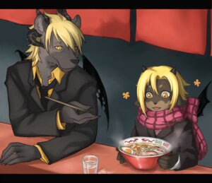 Rating: Safe Score: 0 Tags: accessory anthro blonde_hair bowl business_suit canid canine chopsticks clothed clothing container cup duo e621 eating female food glass hair horn hybrid male mammal membrane_(anatomy) membranous_wings necktie noodles orange_eyes plaid ramen scarf shirt suit topwear water wings yoe young young_anthro User: bunchy7s