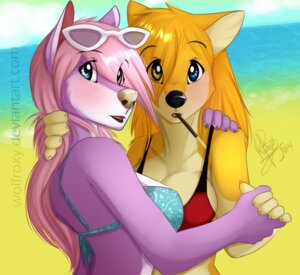 Rating: Safe Score: 0 Tags: 2014 anthro beach big_breasts bikini blonde_hair blue_eyes blush breasts canid canine canis claws clothing detailed_background digital_media_(artwork) duo e621 eyewear female female/female food fur hair hand_holding heterochromia kristy long_hair looking_at_viewer mammal outside pink_hair pocky purple_body purple_fur roxy_bradingham sand sea seaside sky sunglasses swimwear two-piece_swimsuit water wolf wolflady yellow_body yellow_fur User: bunchy7s