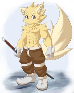 Rating: Safe Score: 0 Tags: 4:5 anthro biped canid canine canis clothed clothing e621 footwear gloves handwear hi_res male mammal mitei mti777 shoes solo tail topless weapon wolf User: bunchy7s