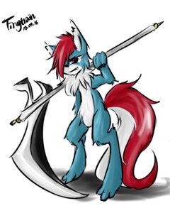 Rating: Safe Score: 0 Tags: 2013 4:5 anthro blue_body blue_fur canid canine canis e621 equid fur hair holding_object holding_weapon kemono male mammal red_hair sickle solo teeth tinytrain weapon wolf User: bunchy7s