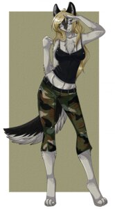 Rating: Safe Score: 0 Tags: aimi anthro belt biped blonde_hair blue_eyes camo canid canine canis chest_tuft clothing digital_media_(artwork) digitigrade domestic_dog e621 female fur gesture hair hi_res mammal midriff salute shaded shirt simple_background smile solo standing tail tank_top textured_background topwear tuft User: bunchy7s