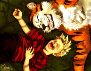 Rating: Safe Score: 0 Tags: 2007 aged_up anthro atsumoto blonde_hair calvin_(calvin_and_hobbes) calvin_and_hobbes clothed clothing countershading duo e621 felid fully_clothed grin hair hobbes human laugh lol_comments male male_human mammal nude open_mouth pantherine shirt smile stripes teeth tiger topwear User: bunchy7s
