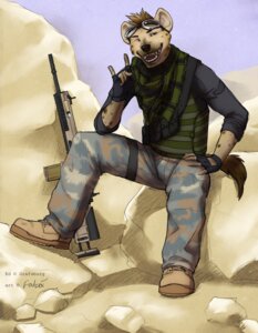Rating: Safe Score: 0 Tags: 2013 absurd_res anthro brown_eyes camo camo_print clothed clothing desert devil_horns_(gesture) digital_camo e621 eyewear fabrique_nationale_herstal fadzai full-length_portrait fully_clothed gesture goggles grin gun hand_gesture hi_res hyena kerchief looking_at_viewer male mammal military nature nature_background neckerchief neckwear outside portrait ranged_weapon rifle scar-h shemagh smile solo spotted_hyena tail uniform weapon User: bunchy7s