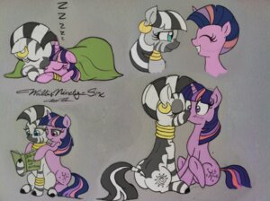 Rating: Safe Score: 0 Tags: 2013 alternate_hairstyle bedding blanket blue_eyes blush book bracelet collar constricted_pupils cutie_mark duo e621 ear_piercing english_text equid equine eyes_closed female female/female feral friendship_is_magic fur grey_background hair hasbro hi_res holding_book holding_object hooves horn jewelry kiss_on_lips kissing mammal mohawk multicolored_hair my_little_pony mythological_creature mythological_equine mythology neck_ring piercing pupils purple_body purple_eyes purple_fur purple_hair reading simple_background sitting sleeping small_pupils smile striped_hair stripes surprise_kiss text twilight_sparkle_(mlp) two_tone_hair underhoof unicorn willisrisque zebra zecora_(mlp) User: bunchy7s