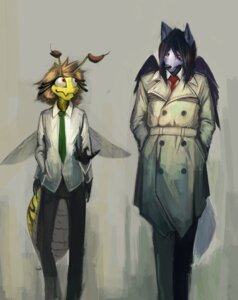 Rating: Safe Score: 0 Tags: 4_arms accessory antennae_(anatomy) anthro arthropod bee big_eyes black_body canid canine canis clothed clothing coat double-breasted duo e621 feathered_wings feathers front_view fully_clothed furgonomics hand_in_pocket hands_in_both_pockets hymenopteran insect insect_wings looking_aside looking_at_another male mammal multi_arm multi_limb necktie pockets radicalizm-e red_eyes shirt tail topwear walking wasp wings wolf yellow_body User: bunchy7s