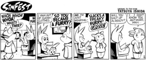Rating: Safe Score: 0 Tags: anthro black_and_white clothing comic costume dialogue domestic_pig duo e621 english_text eyewear fursuit hoodie lagomorph leporid male mammal monochrome newspaper rabbit sinfest slick_(sinfest) squigley_(sinfest) suid suine sunglasses sus_(pig) tatsuya_ishida text topwear User: bunchy7s