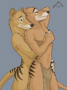 Rating: Questionable Score: 0 Tags: 2004 anthro bottomwear broketail bulge clothed clothing dasyuromorph duo e621 hug loincloth male male/male mammal marsupial nude recently_extinct_species smile stripes tail thylacine tribal User: bunchy7s