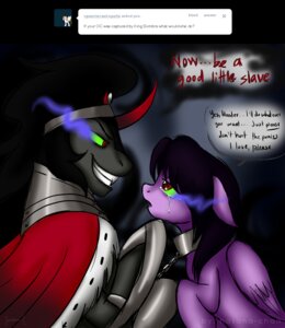 Rating: Questionable Score: 0 Tags: 2012 bdsm black_hair bodily_fluids bondage bound chain collar corruption dialogue dominant duo e621 english_text equid equine eye_contact eye_mist fan_character feathered_wings feathers female feral friendship_is_magic fur grey_body grey_fur hair hasana-chan hasbro horn king_sombra_(mlp) looking_at_another male mammal my_little_pony mythological_creature mythological_equine mythology pegasus purple_body purple_fur red_eyes scared shaded signature slave smoking_eyes tears text tumblr unicorn wings User: bunchy7s