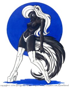 Rating: Questionable Score: 0 Tags: 2006 abstract_background anthro biped black_body black_fur blue_eyes boots breasts bridget_e_wilde clothed clothing e621 female footwear fur glistening hair high_heeled_boots high_heels latex legwear long_hair looking_at_viewer mammal markings mephitid nipples panties pinup plantigrade platform_footwear platform_heels pose riding_crop shoes signature simple_background skimpy skunk solo standing striped_markings striped_tail stripes tail tail_markings text thigh_boots thigh_highs thong topless traditional_media_(artwork) underwear url whip white_hair User: bunchy7s