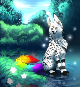 Rating: Safe Score: 0 Tags: 2013 ambiguous_gender blue_sky canid canine claws detailed_background digital_media_(artwork) e621 feral forest fur green_eyes hi_res hybrid mammal multicolored_tail nature open_mouth outside plant rainbow rainbow_tail shaded shrub sitting sky solo sparklefur spots tail tenynn tree water white_body white_fur User: bunchy7s