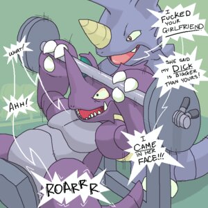 Rating: Questionable Score: 0 Tags: 1:1 aliasing anthro argon_vile barbell dialogue digital_media_(artwork) duo e621 english_text exercise generation_1_pokemon holding_object horn male mammal nidoking nintendo pokemon pokemon_(species) purple_eyes red_eyes rhinoceros rhydon scalie semi-anthro tail text weightlifting workout User: bunchy7s
