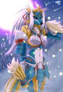 Rating: Safe Score: 0 Tags: ambient_arthropod ambient_firefly ambient_insect anthro armor arthropod bioluminescence blue_clothing blue_eyes capcom clothing countershading e621 fanged_wyvern female fur gauntlets gloves glowing green_body green_fur hair handwear hi_res horn looking_at_viewer midriff monster_hunter moon navel night outside ponytail signature skykain solo star tail warrior wavy_mouth white_body white_countershading white_fur white_hair zinogre zinogre_armor User: bunchy7s