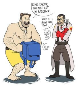 Rating: Safe Score: 0 Tags: backpack banjo-kazooie banjo_(banjo-kazooie) body_hair chest_hair clothed clothing coat cosplay crossover dialogue duo e621 english_text eyewear fake_bear_ears fake_ears glasses gloves grandfathered_content handwear heavy_(team_fortress_2) human human_only humor lab_coat male mammal markings medic_(team_fortress_2) not_furry rareware reliable_excavation_demolition slightly_chubby smile tail tail_markings team_fortress_2 text topless topless_human topless_male topwear unknown_artist valve valve_corporation User: bunchy7s