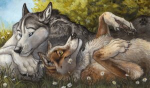 Rating: Safe Score: 0 Tags: 2008 ambiguous_gender anthro blotch canid canine canis detailed detailed_background duo e621 flower fox grass happy lying male male/male mammal on_back outside plant sky smile toony wolf User: bunchy7s