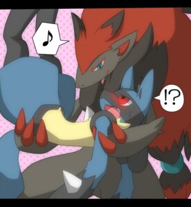 Rating: Safe Score: 0 Tags: 2011 ambiguous_gender anthro anthro_on_anthro black_body black_fur blue_body blue_fur blush canid canine duo e621 exclamation_point eye_contact fur generation_4_pokemon generation_5_pokemon interrobang looking_at_another lucario mammal nintendo pokemon pokemon_(species) question_mark red_eyes satsuki_rabbit spikes tail tongue tongue_out yellow_body yellow_fur zoroark User: bunchy7s