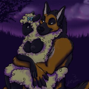 Rating: Questionable Score: 0 Tags: 1:1 accessory anthro biped black_body black_claws black_fur black_markings black_nipples black_skin bovid bow_(feature) bow_accessory bow_ribbon breasts brown_body brown_eyes brown_fur canid canine canis caprine claws detailed_background digital_media_(artwork) domestic_dog domestic_sheep duo e621 eye_contact fancymisslady female fingerless_(marking) fur german_shepherd hair_accessory hair_bow hair_ribbon half-length_portrait herding_dog hug looking_at_another mammal markings mikhail_(sgtredfield) mina_(mrsred) nature nipples outside pastoral_dog portrait purple_background purple_eyes ribbons romantic romantic_ambiance romantic_couple sheep side_view signature simple_background sitting sky star starry_sky wool_(fur) User: bunchy7s