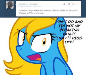 Rating: Questionable Score: 0 Tags: angry blonde_hair blue_body blue_fur cutie_mark e621 english_text equid equine female fur hair hasbro horse mammal my_little_pony pony solo text unknown_artist User: bunchy7s