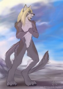 Rating: Safe Score: 0 Tags: anthro biped blonde_hair canid canine canis casual_nudity cloud desert e621 fur grey_body grey_fur hair hi_res hybrid koul long_hair male mammal nude outside sky solo standing tail wolf User: bunchy7s